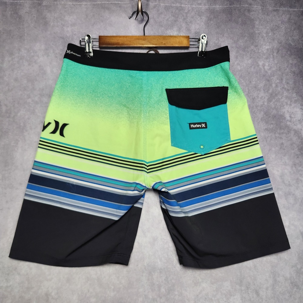 Hurley Phantom Mens Board Shorts Size 30‎ Green Blue Striped Swim Trunks CJ5258